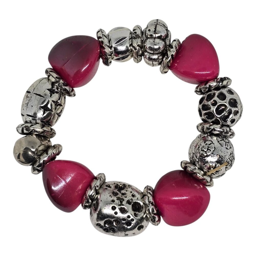 Chunky Red & Silver-Tone Beaded Stretch Bracelet W Textured & Heart-Shaped Beads